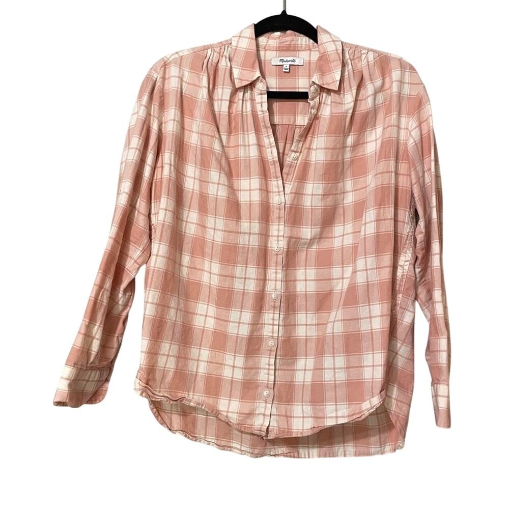Madewell Pink Plaid Ruched Shoulder Button Down Shirt Womens S Fall Flannel Top